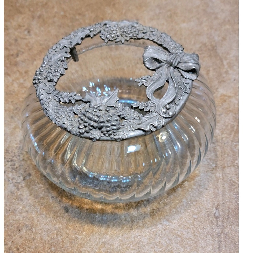 Vintage Racliffe Pewter Lid Ribbed Glass Jar Holly Berry Bow Christmas Decor